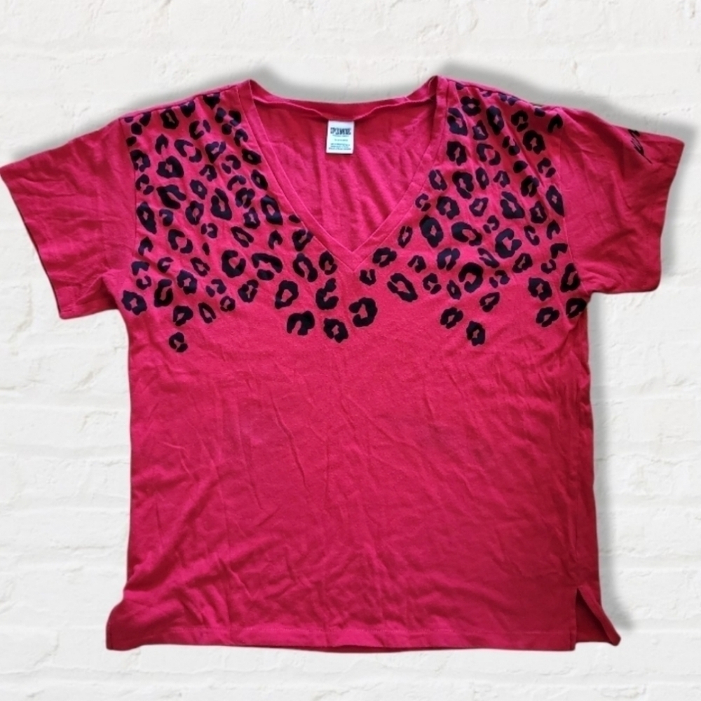 PINK Victorias Secret Leopard Print V Neck Tee Shirt VS Red Leopard Tee